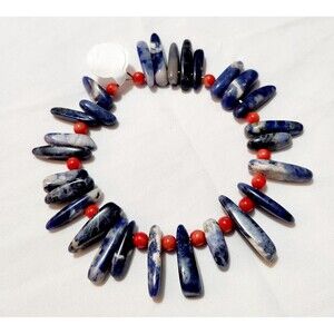 Sodalite Blue & White Stone Bead And Red Coral Bracelet 8" Wired
